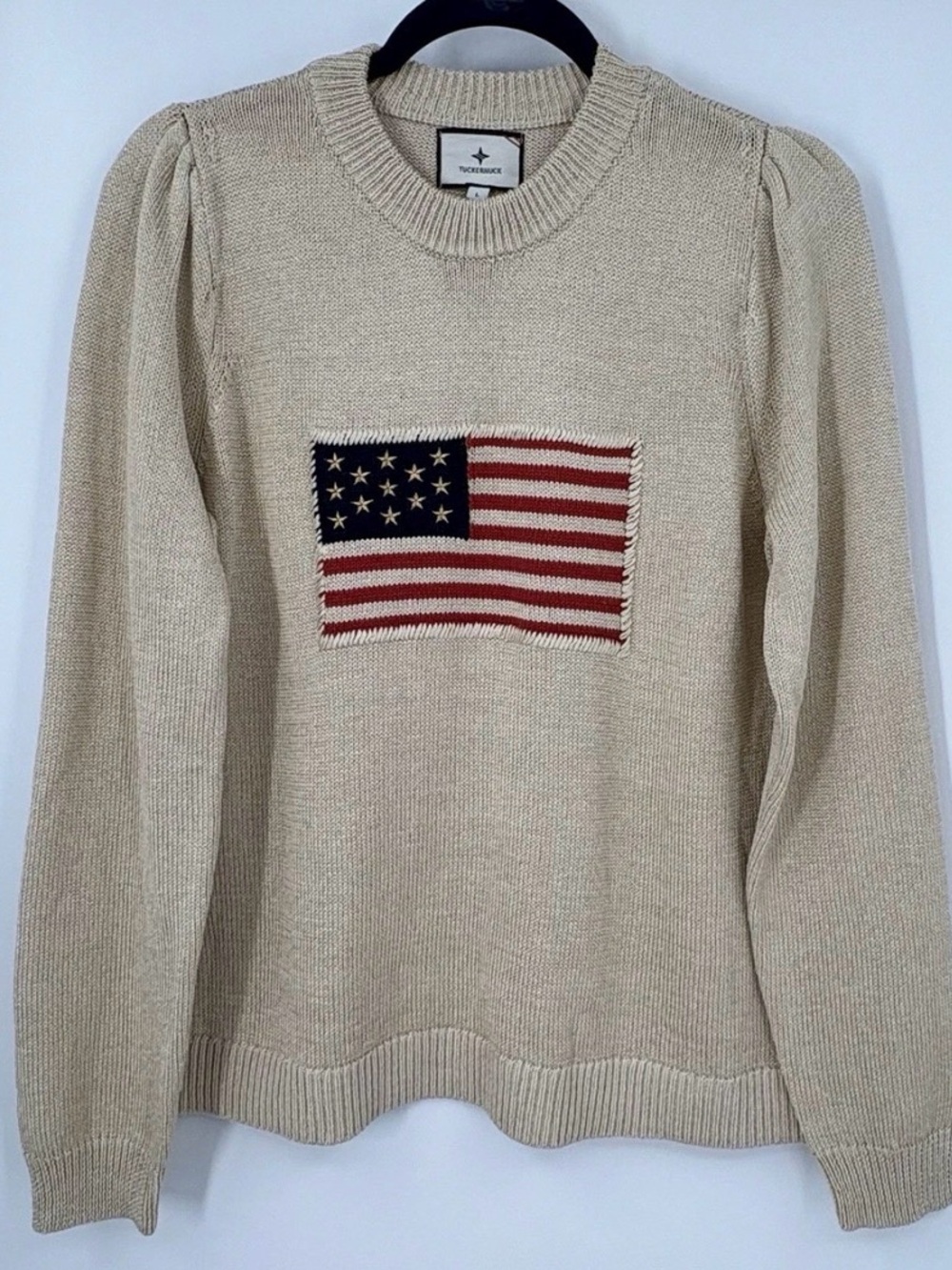 Tuckernuck Americana, American Flag puff sleeve sweater.  Beige with subtle gold